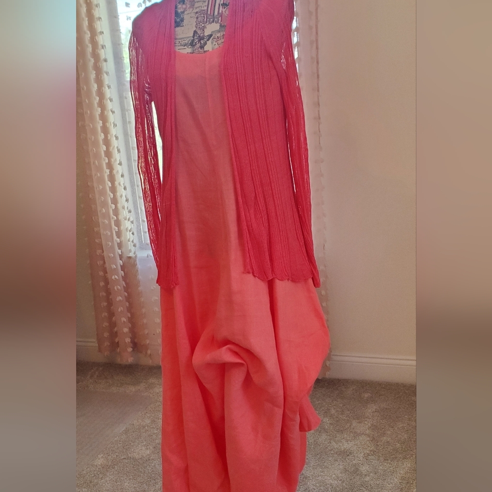 Eileen Fisher 3 Pc,Watermelon Maxi Dress, Matching Sweater, and Slip - Picture 10 of 12